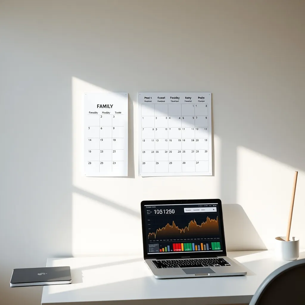 A clean minimalist home office area with a family calendar o